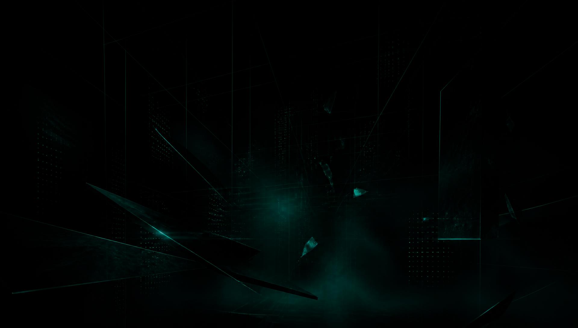 Dark futuristic wireframe environment with faint jade light